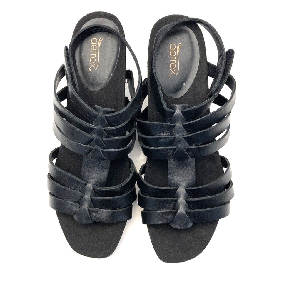Aertrex Black Leather Heeled‎ Sandals Strappy Womens 7.5 W Wide
